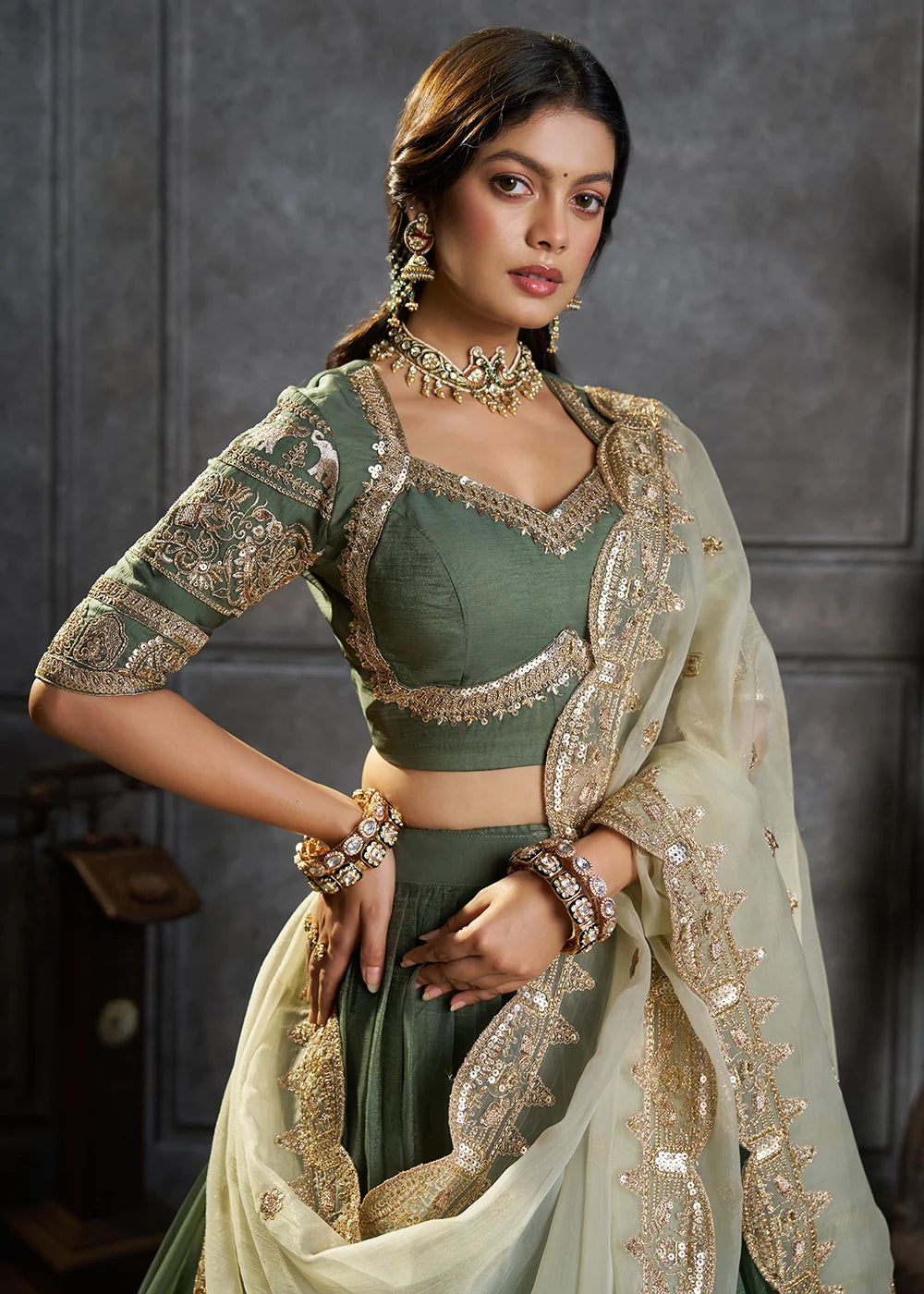 Green Organza Silk Embroidered Lehenga for Guest - RENT