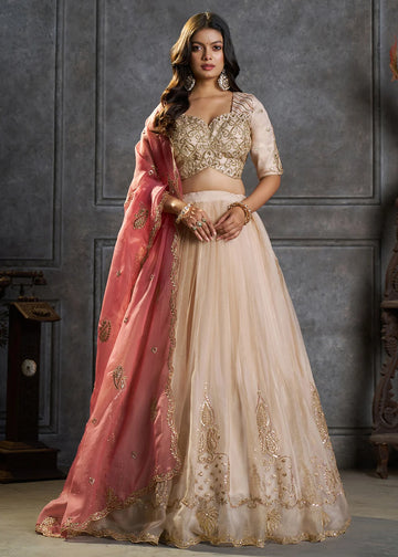 Ivory Organza Silk Embroidered Lehenga for Guest - RENT