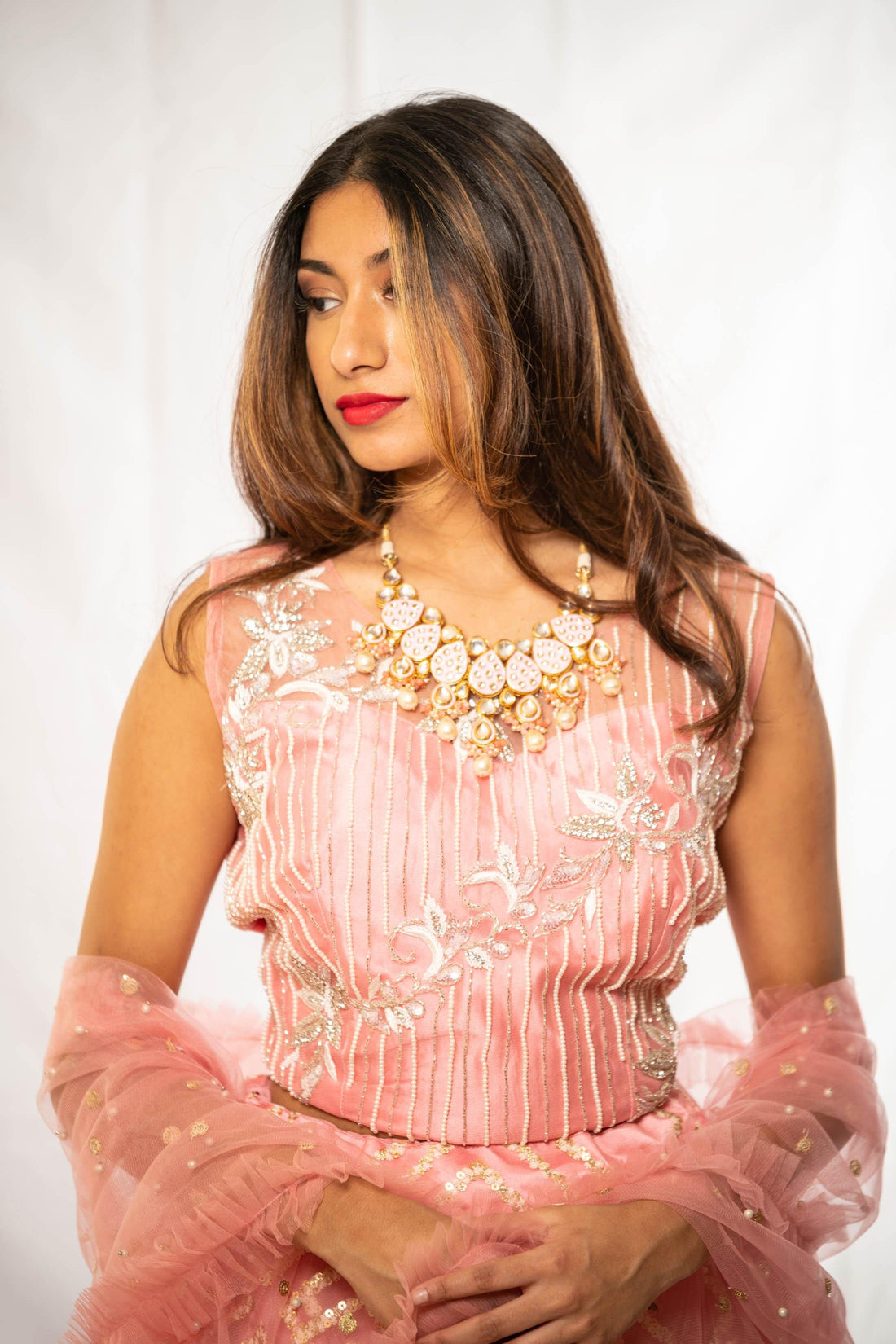 Rent Pink Gold Foil Layered Ghagara Choli - Glamourental