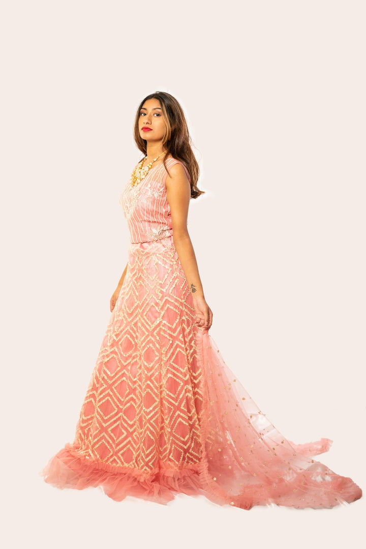 Rent Pink Gold Foil Layered Ghagara Choli - Glamourental