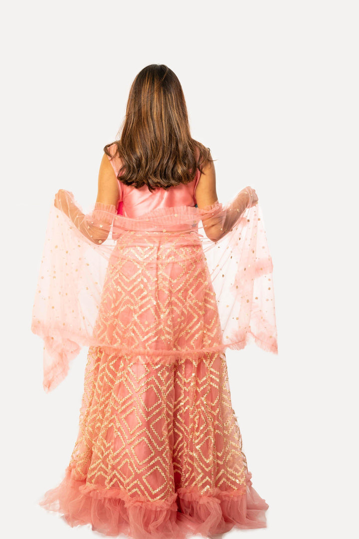 Rent Pink Gold Foil Layered Ghagara Choli - Glamourental