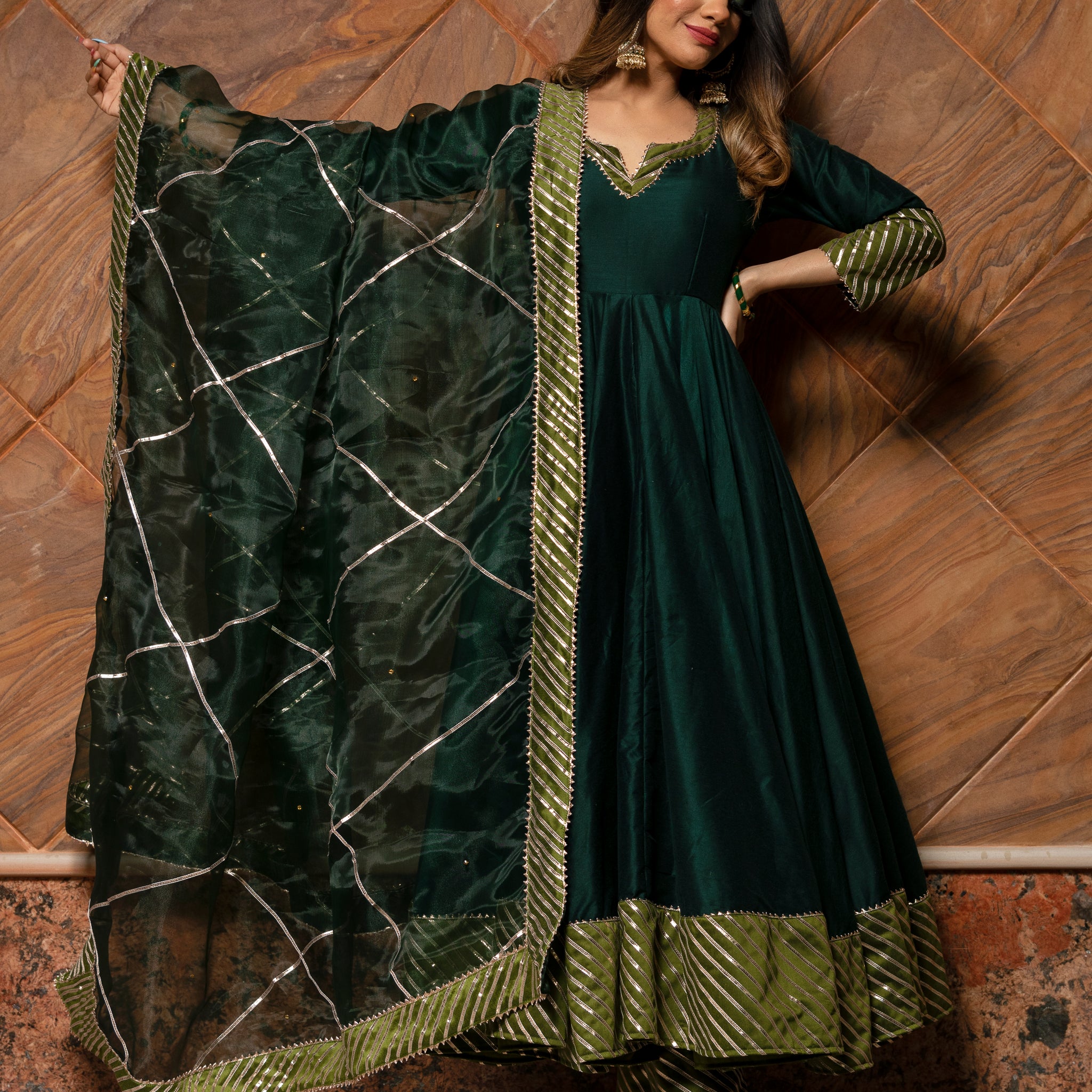 Pomcha Jaipur's Jannat dark green anarkali set-RENT