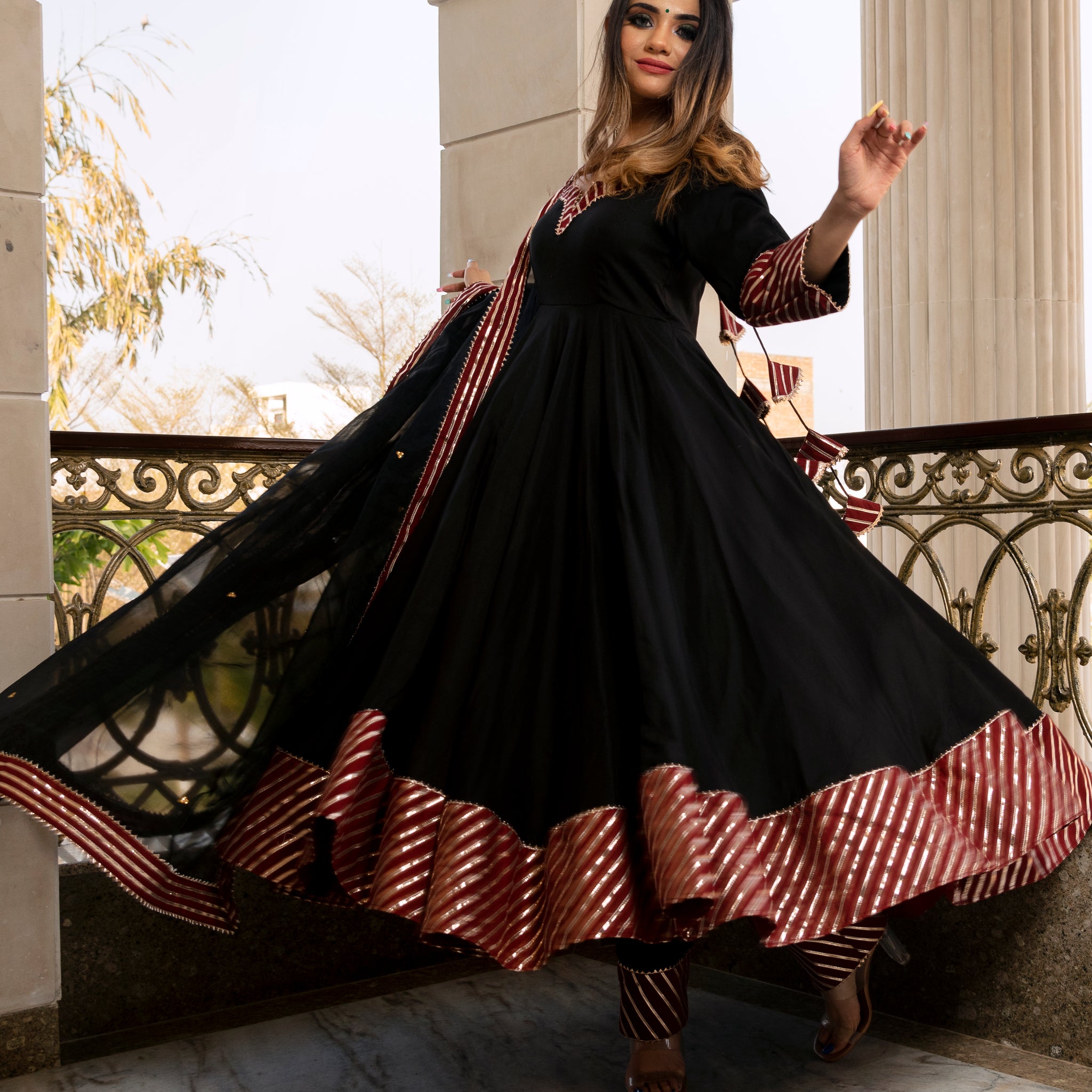 Pomcha Jaipur'S Hina Black And Maroon  Anrkali Set - Rent