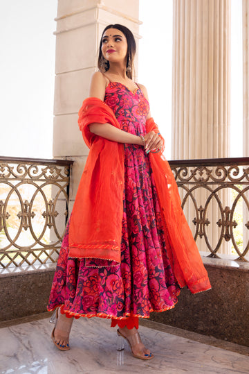 Pomcha Jaipur'S Orange/Pink Floral Anarkali - Rent