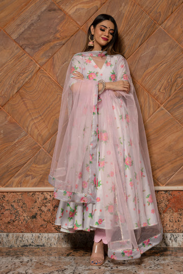 Pomcha Jaipur'S Flamingo Chandheri Anarkali  Set- Rent