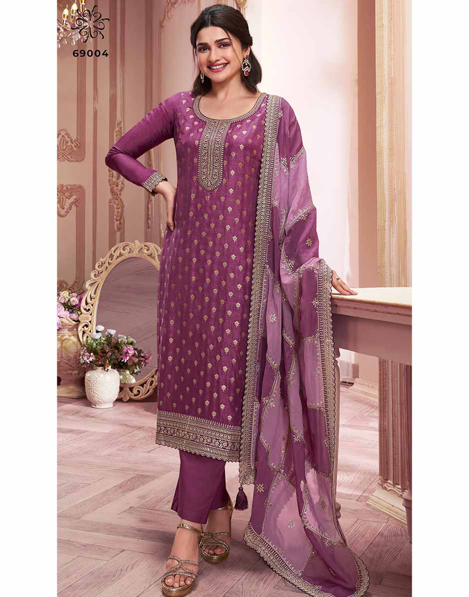 D Pink Embroidered Dola Jacquard Kurta, Bottom & Dupatta Set