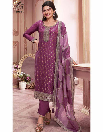 D Pink Embroidered Dola Jacquard Kurta, Bottom & Dupatta Set