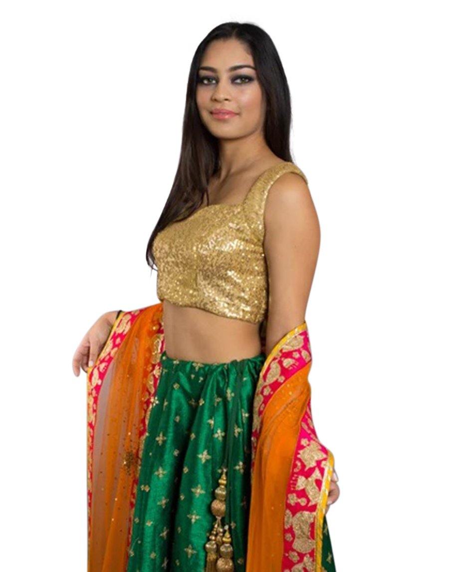 Dark Green and Gold Lehenga Set with Orange Dupatta - Rent