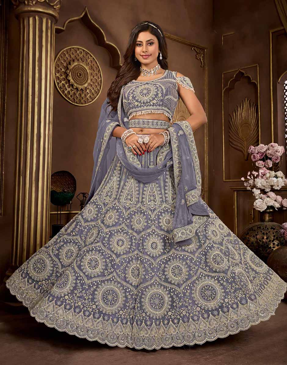 Dark Grey Net Pearl Embroidery Lehenga Choli & Dupatta