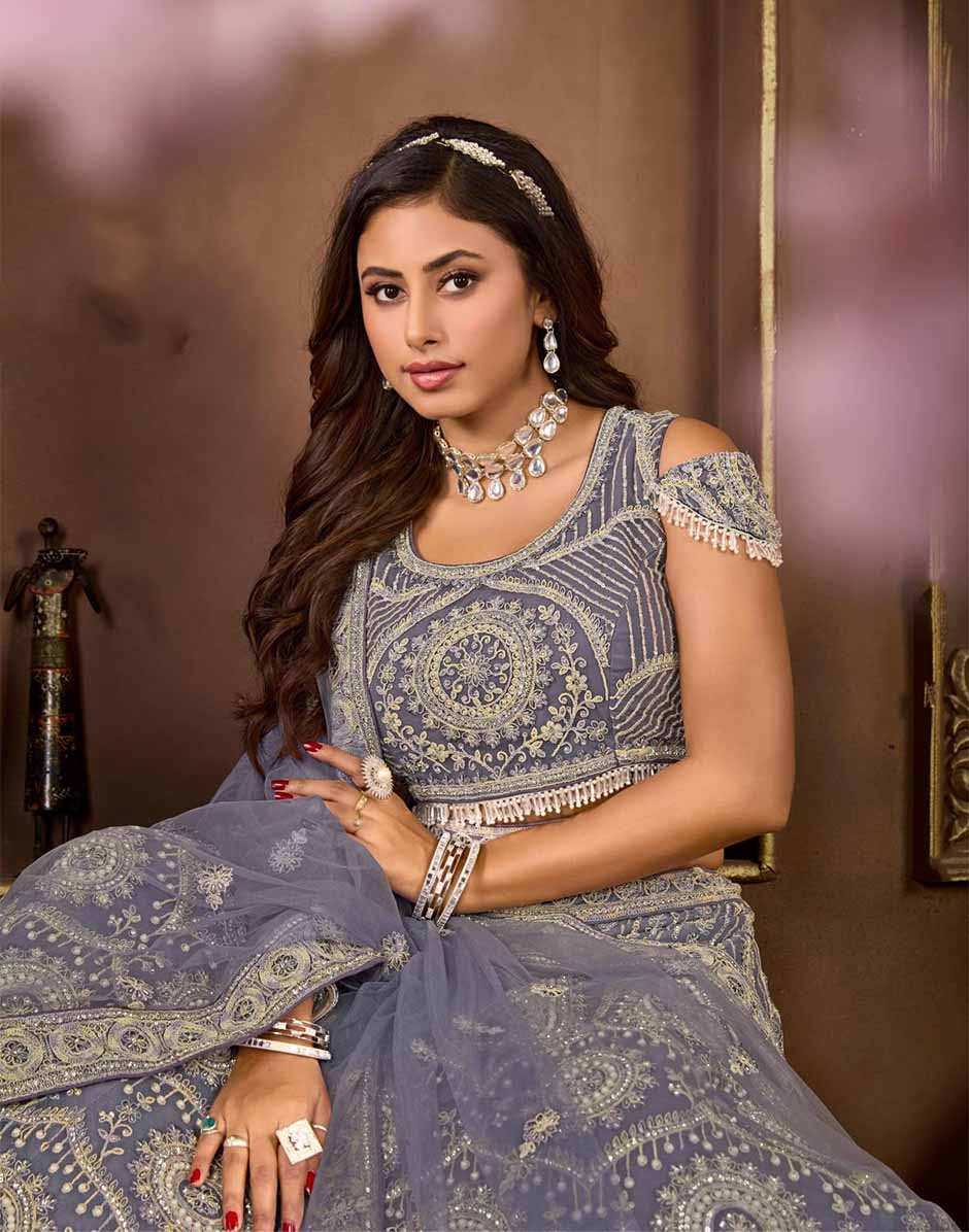Dark Grey Net Pearl Embroidery Lehenga Choli & Dupatta