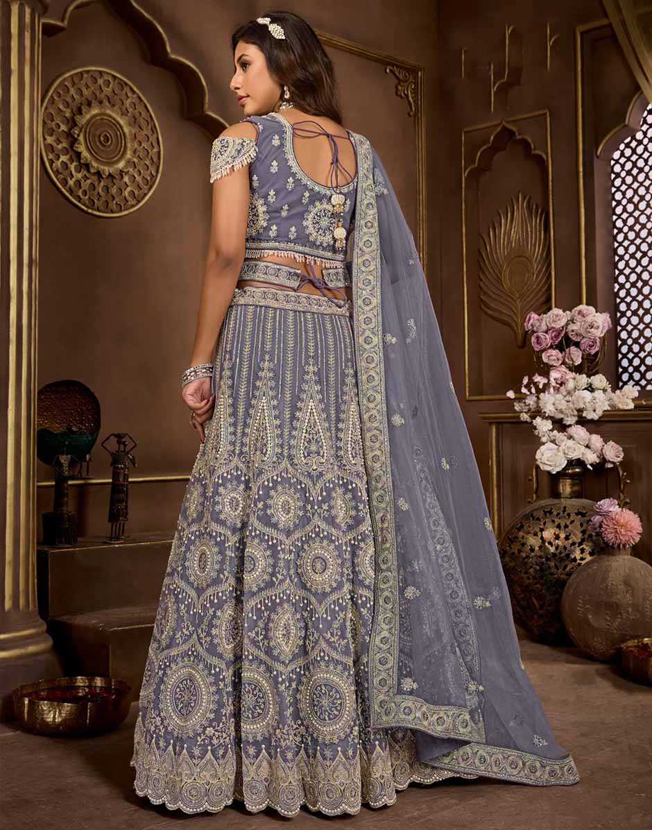 Dark Grey Net Pearl Embroidery Lehenga Choli & Dupatta_2