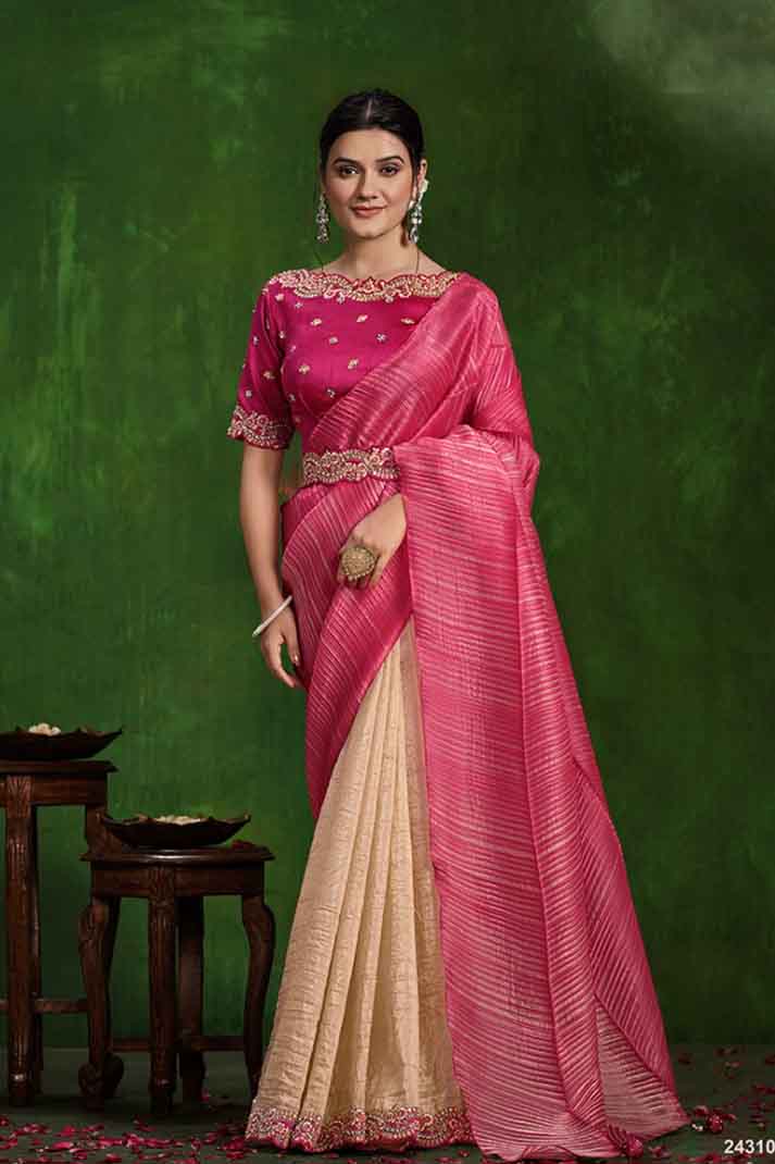 Dark Pink Banarasi Crush Silk Sequins Stone Work Designer Saree with Texture Pallu