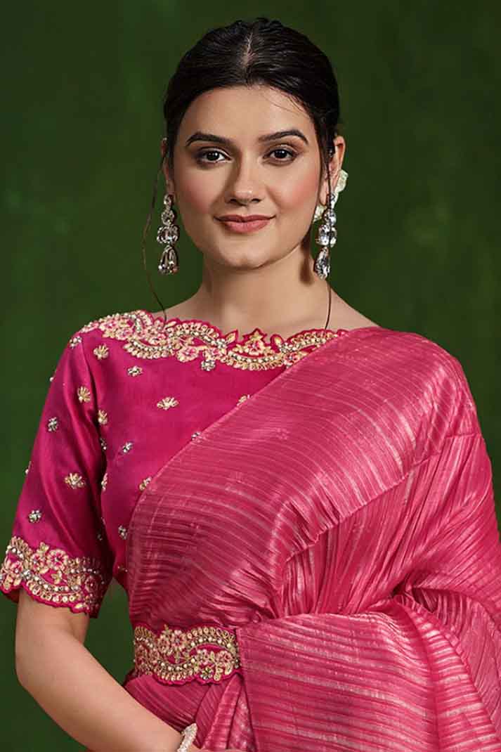 Dark Pink Banarasi Crush Silk Sequins Stone Work Designer Saree with Texture Pallu