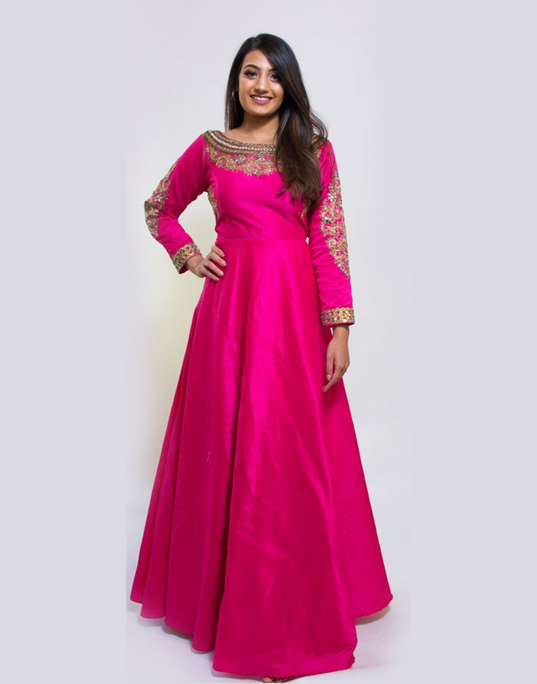 Dark Pink Gold Embroidered Indian Gown- clearance