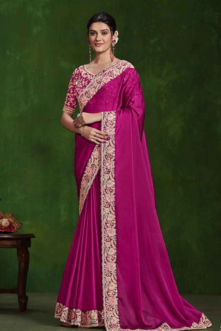 Dark Pink Habotai Silk Handwork Sequins Designer Saree