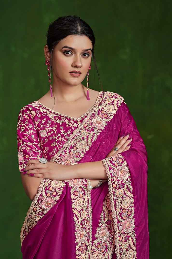 Dark Pink Habotai Silk Handwork Sequins Designer Saree