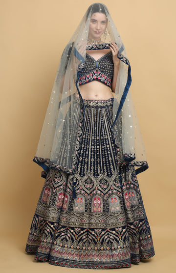 Dark Teal Net Embroidered Floral V Neck Rajwada Bridal Lehenga Set - Rent