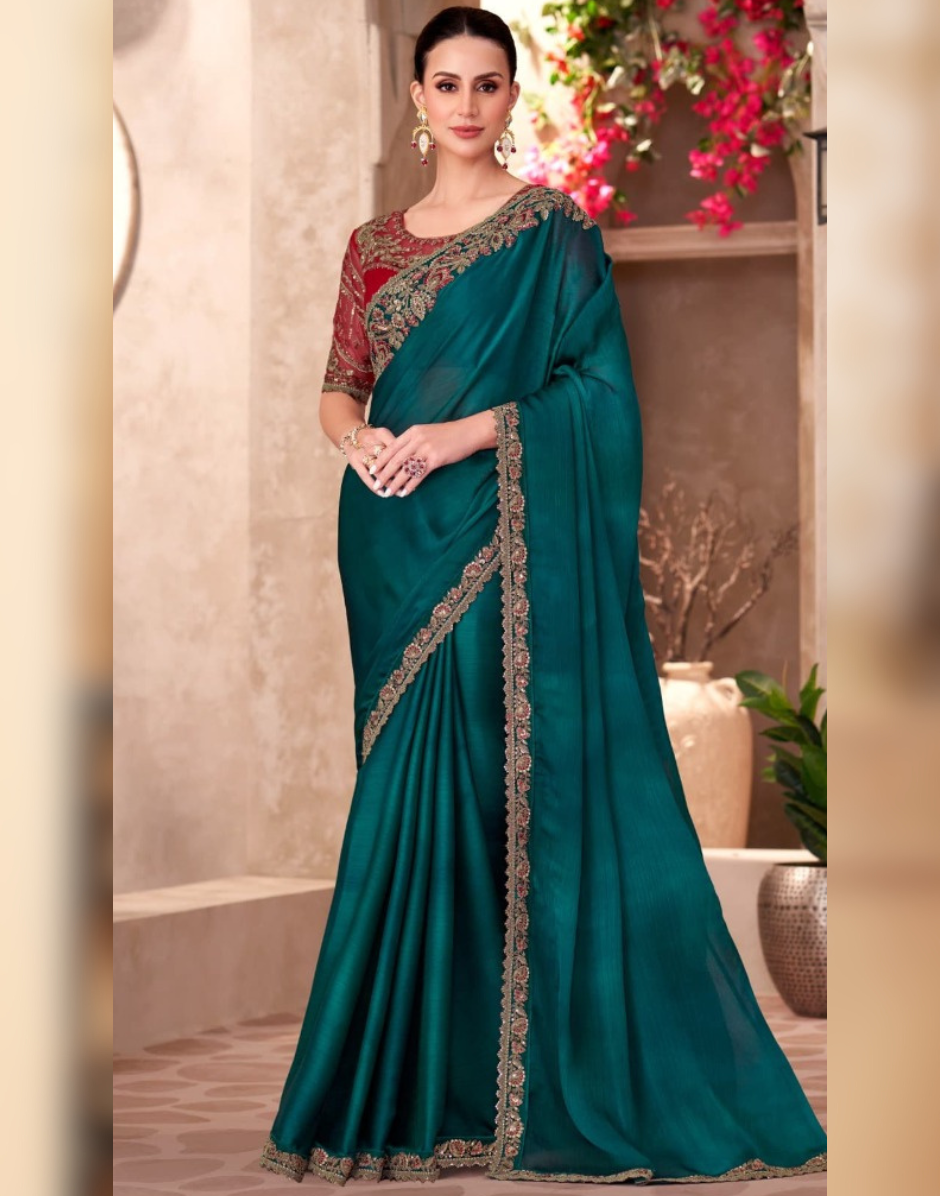 Dazzling Green Sparkle Shaded Saree Paired with Georgette Work Blouse - Buy