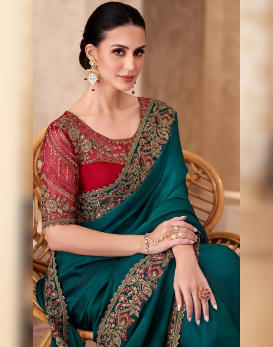 Dazzling Green Sparkle Shaded Saree Paired with Georgette Work Blouse - Buy