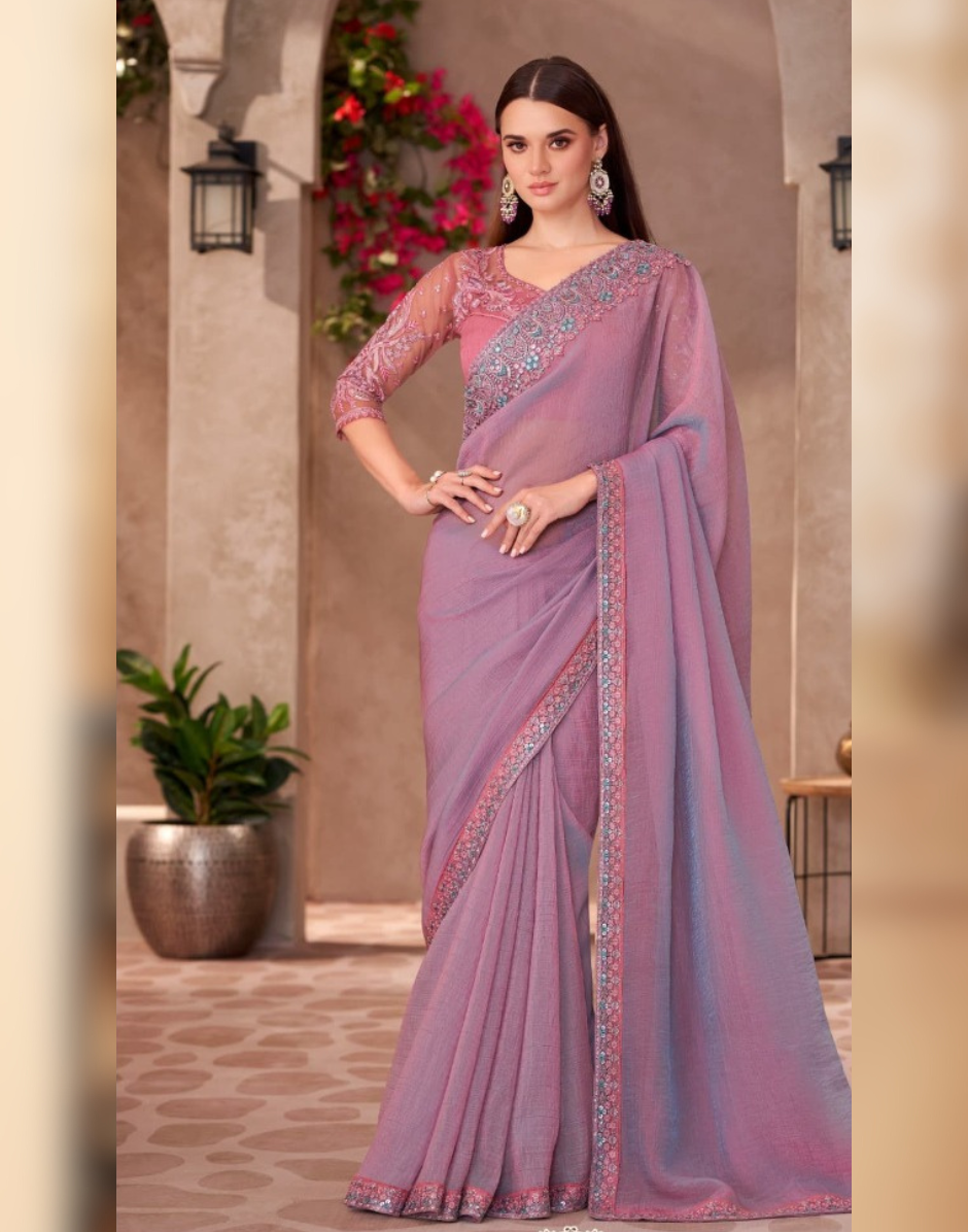 Dazzling Mauve Pink Shining Georgette Saree Paired with Handcrafted Linen Work Blouse - Buy