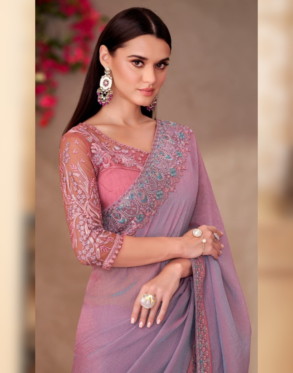 Dazzling Mauve Pink Shining Georgette Saree Paired with Handcrafted Linen Work Blouse - Buy