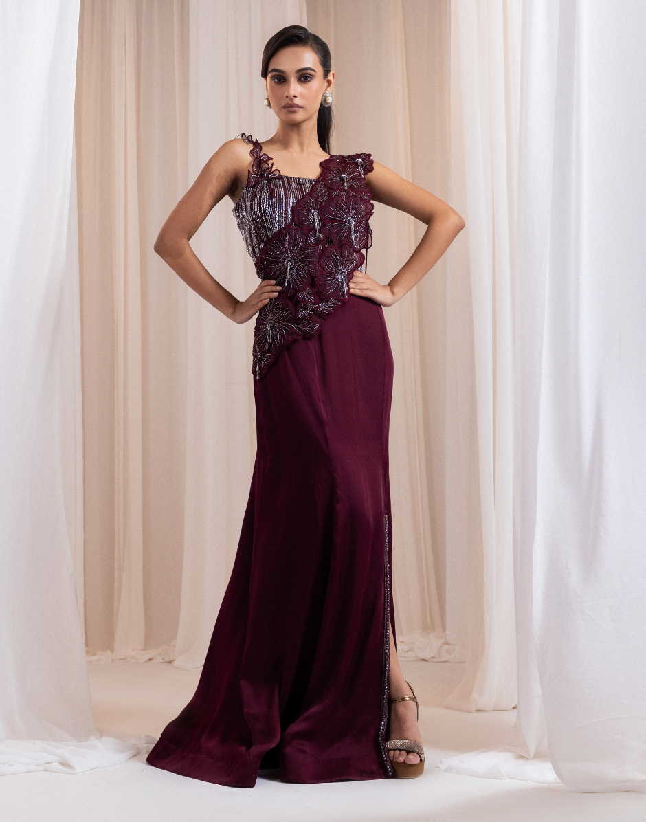 Deep Garnet Maroon Corset & Draped Skirt Set with 3D Floral Appliqué, Sequin Cutdana Work & Fringe Detailing