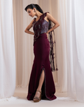 Deep Garnet Maroon Corset & Draped Skirt Set with 3D Floral Appliqué, Sequin Cutdana Work & Fringe Detailing_1