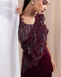 Deep Garnet Maroon Corset & Draped Skirt Set with 3D Floral Appliqué, Sequin Cutdana Work & Fringe Detailing_2