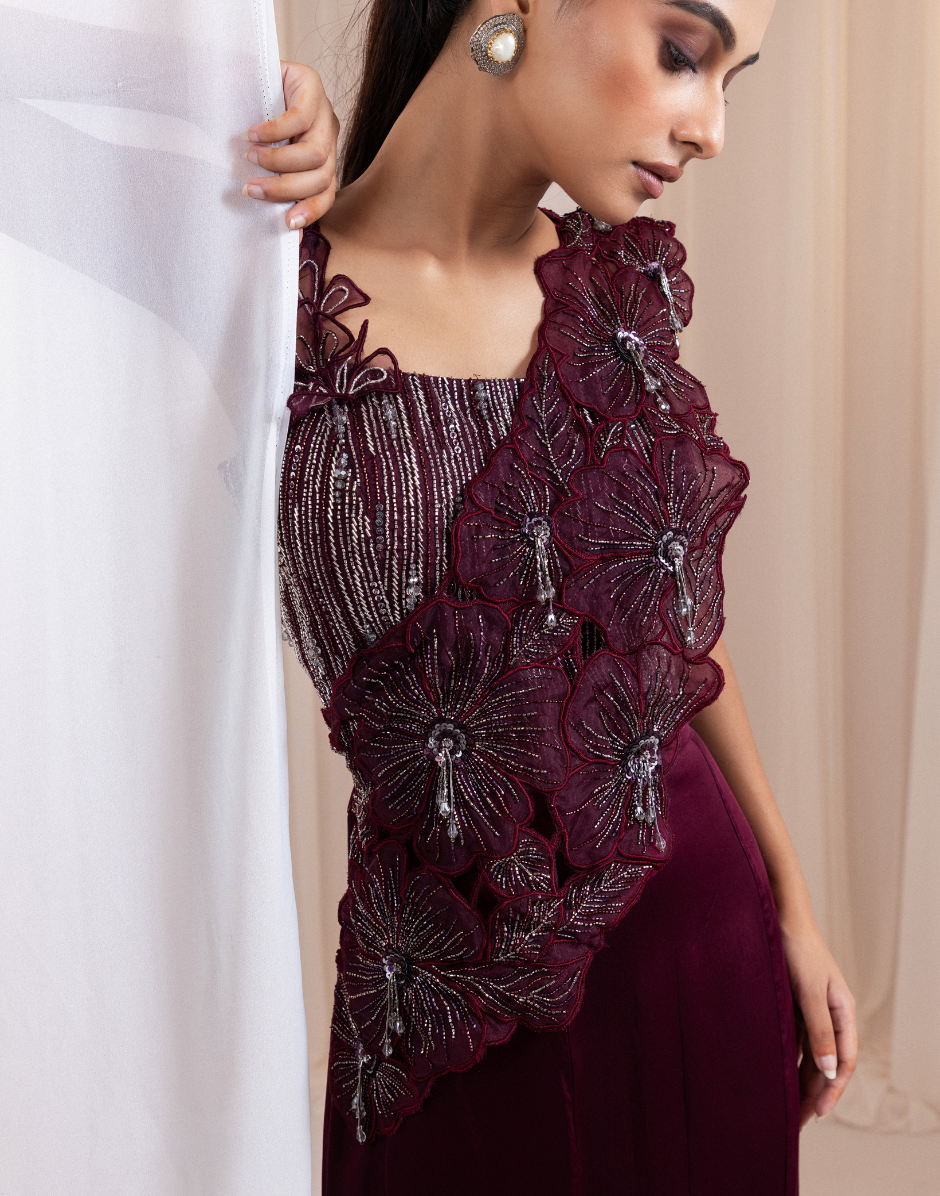 Deep Garnet Maroon Corset & Draped Skirt Set with 3D Floral Appliqué, Sequin Cutdana Work & Fringe Detailing_2