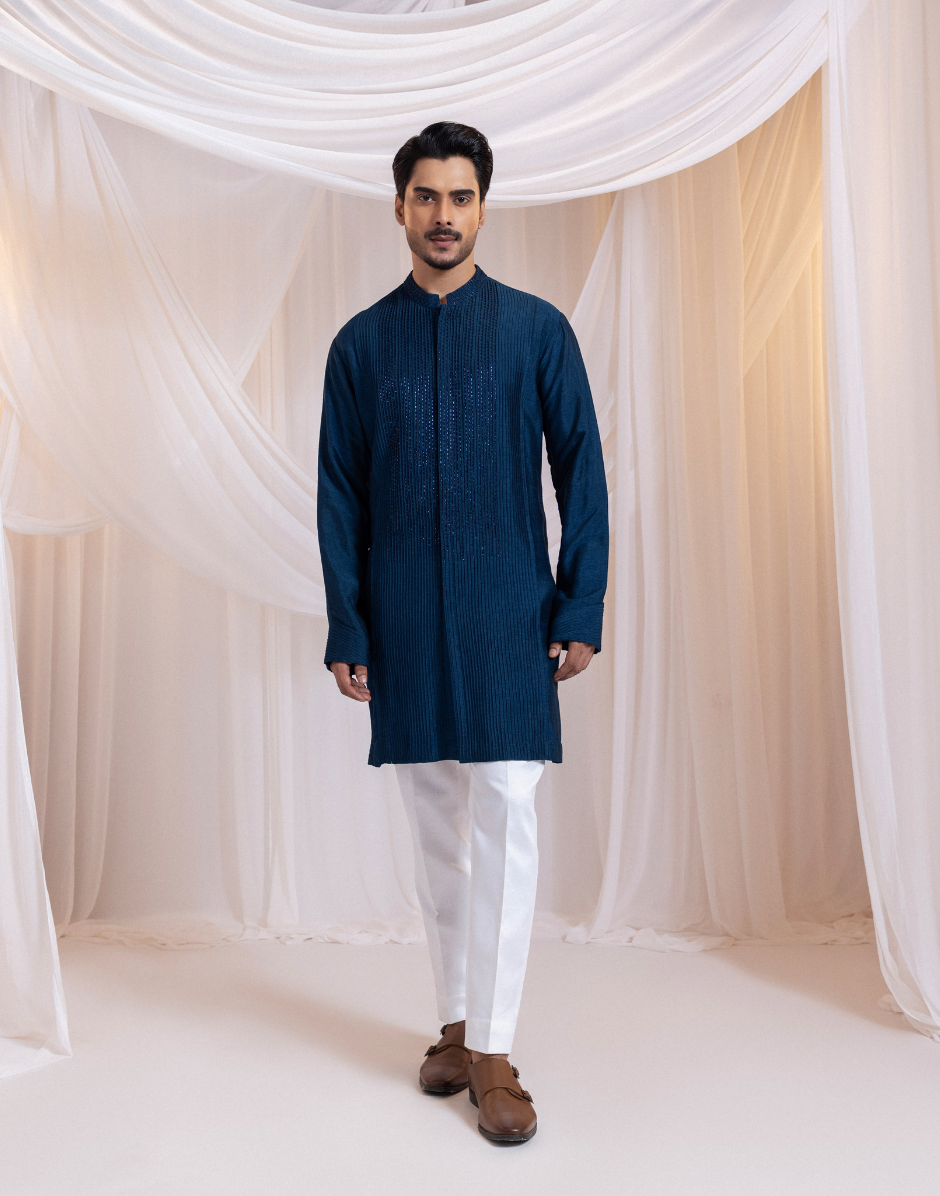 Deep Royal Strikeblue Men’s Kurta Pant Set Textured Pintucks with Sparkling Cutdana Detailing for a Luxe Look