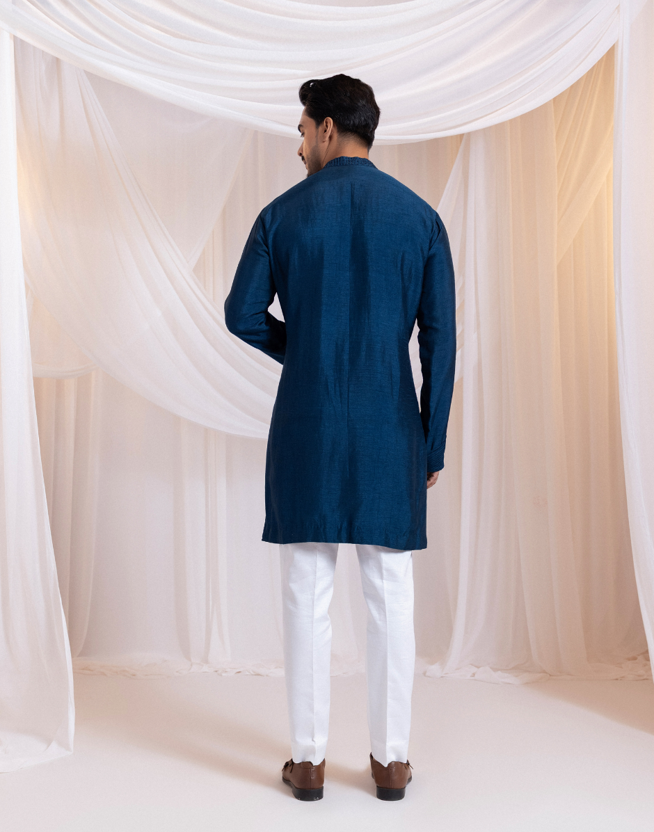 Deep Royal Strikeblue Men’s Kurta Pant Set Textured Pintucks with Sparkling Cutdana Detailing for a Luxe Look