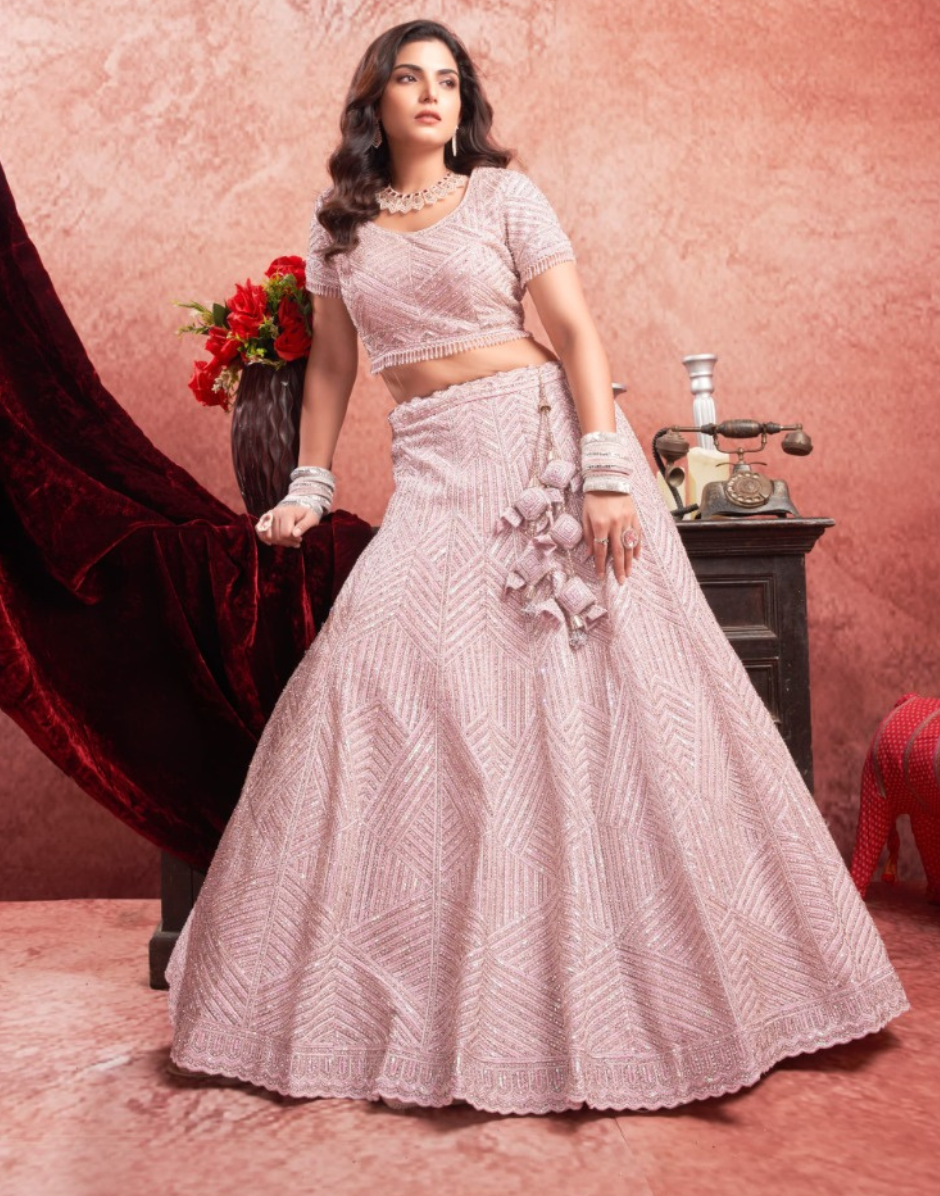 Delicate Charm Baby Pink Premium Net Lehenga with Traditional Zarkan Embroidery - Buy.