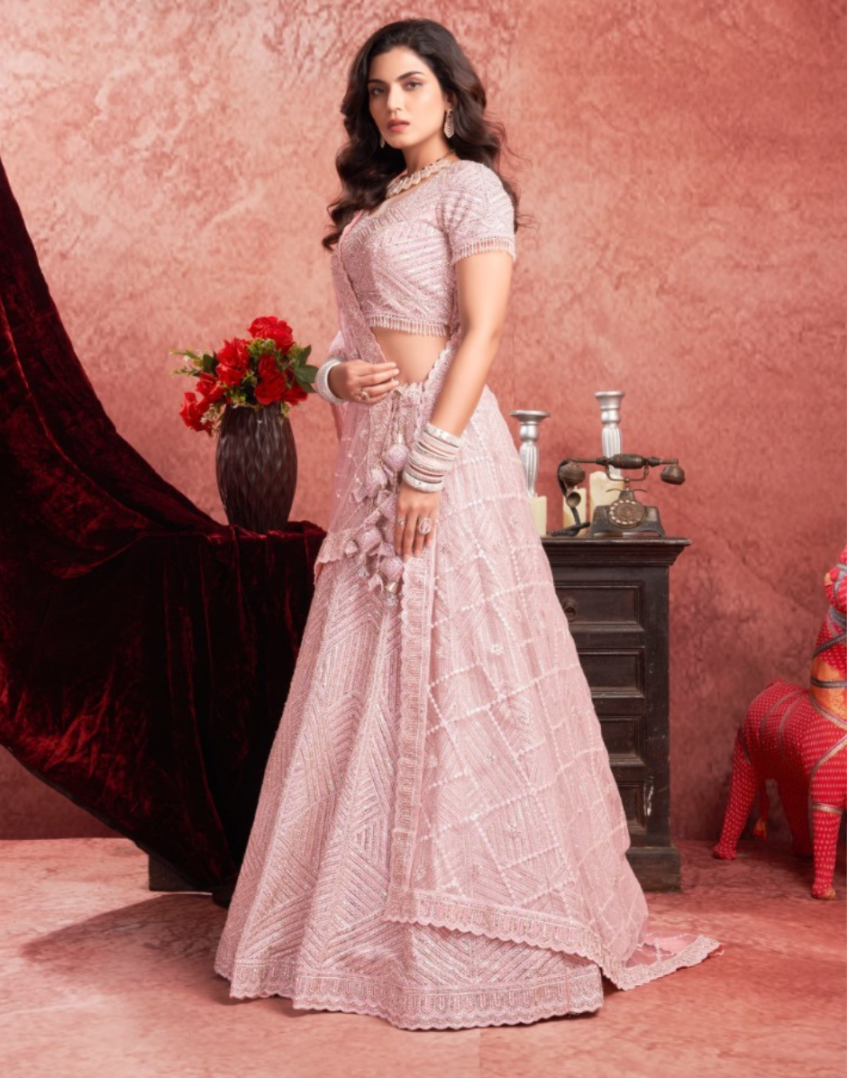 Delicate Charm Baby Pink Premium Net Lehenga with Traditional Zarkan Embroidery - Buy.