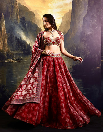 Delicate Dreams Maroon Floral Print Organza Lehenga with Hand-Embroidered Blouse and Tassel Dupatta