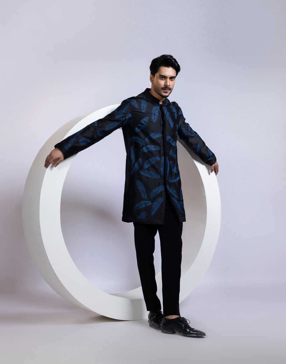 Designer Black Two-Piece Kurta Set with Bold Indigo Fern Leaf Embroidery Premium Men’s Ethnic Ensemble