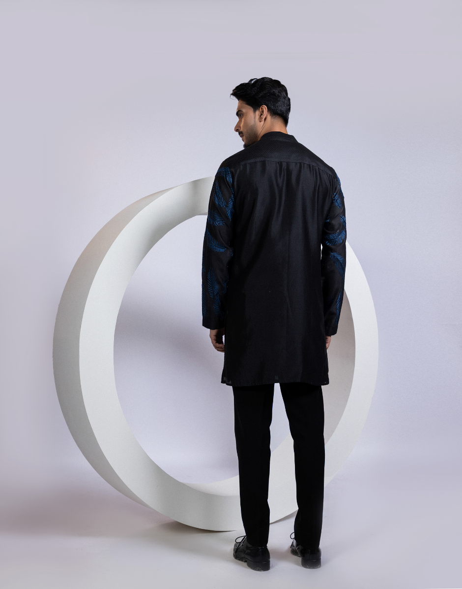 Designer Black Two-Piece Kurta Set with Bold Indigo Fern Leaf Embroidery Premium Men’s Ethnic Ensemble