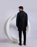 Designer Black Two-Piece Kurta Set with Bold Indigo Fern Leaf Embroidery Premium Men’s Ethnic Ensemble_1