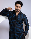 Designer Black Two-Piece Kurta Set with Bold Indigo Fern Leaf Embroidery Premium Men’s Ethnic Ensemble_2