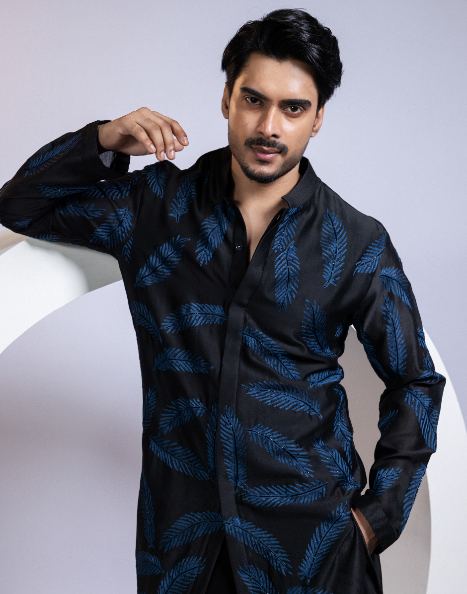 Designer Black Two-Piece Kurta Set with Bold Indigo Fern Leaf Embroidery Premium Men’s Ethnic Ensemble_2