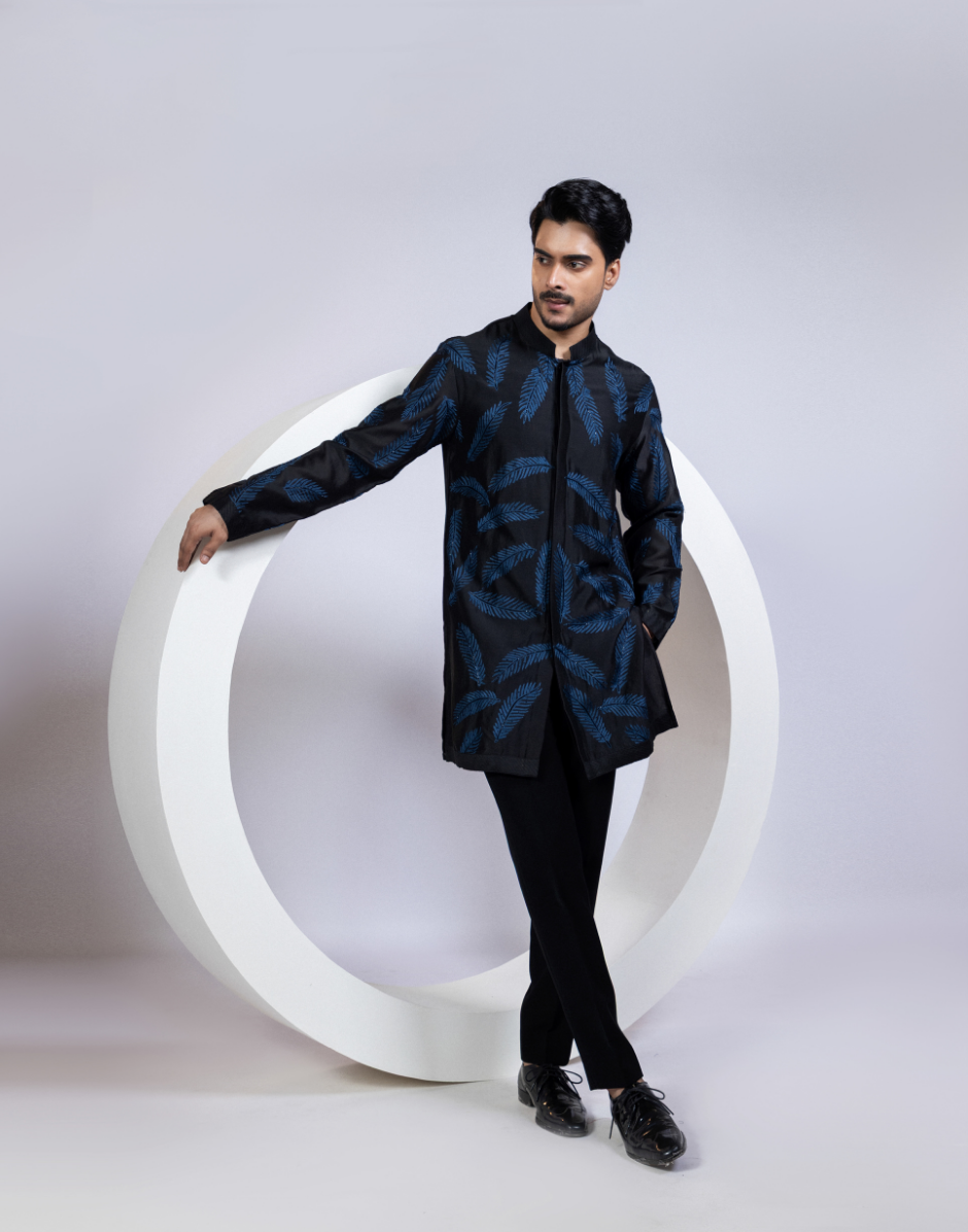 Designer Black Two-Piece Kurta Set with Bold Indigo Fern Leaf Embroidery Premium Men’s Ethnic Ensemble_3
