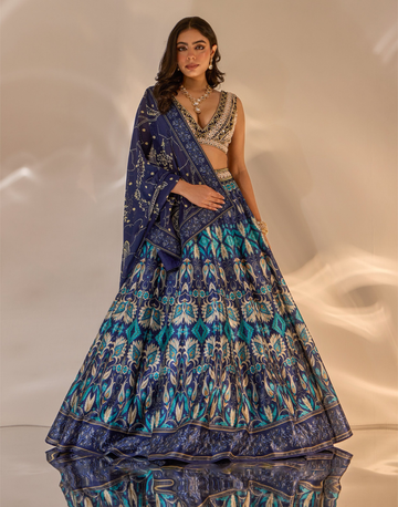 Designer Blue Agastha Lehenga in Silk with Plunging Embroidered Blouse & Printed Dupatta