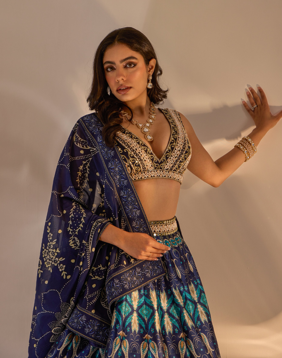 Designer Blue Agastha Lehenga in Silk with Plunging Embroidered Blouse & Printed Dupatta_3