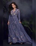 Designer Blue Gown in Chinon Silk with Hand Embroidery and Organza Dupatta Ethnic Elegance