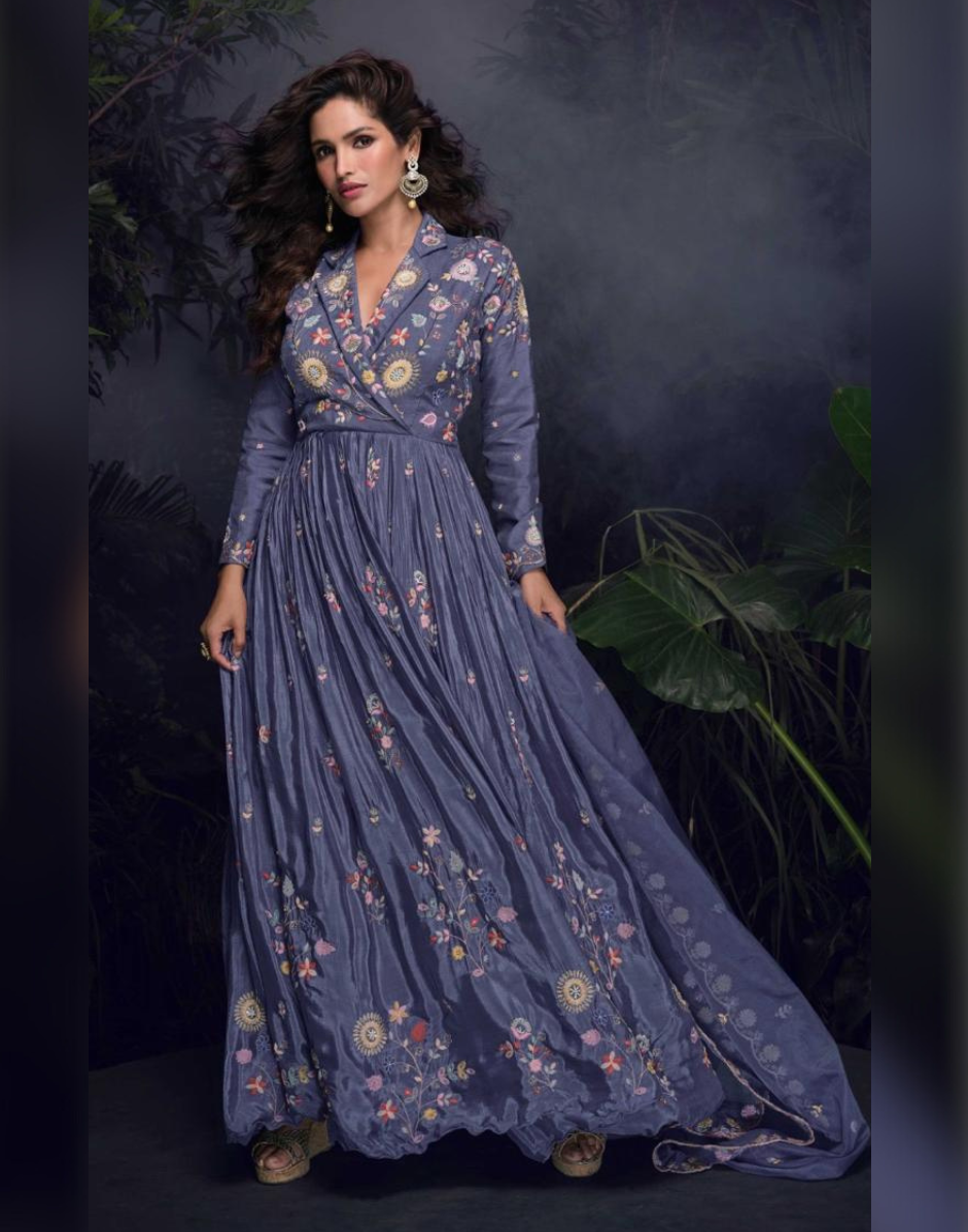 Designer Blue Gown in Chinon Silk with Hand Embroidery and Organza Dupatta Ethnic Elegance