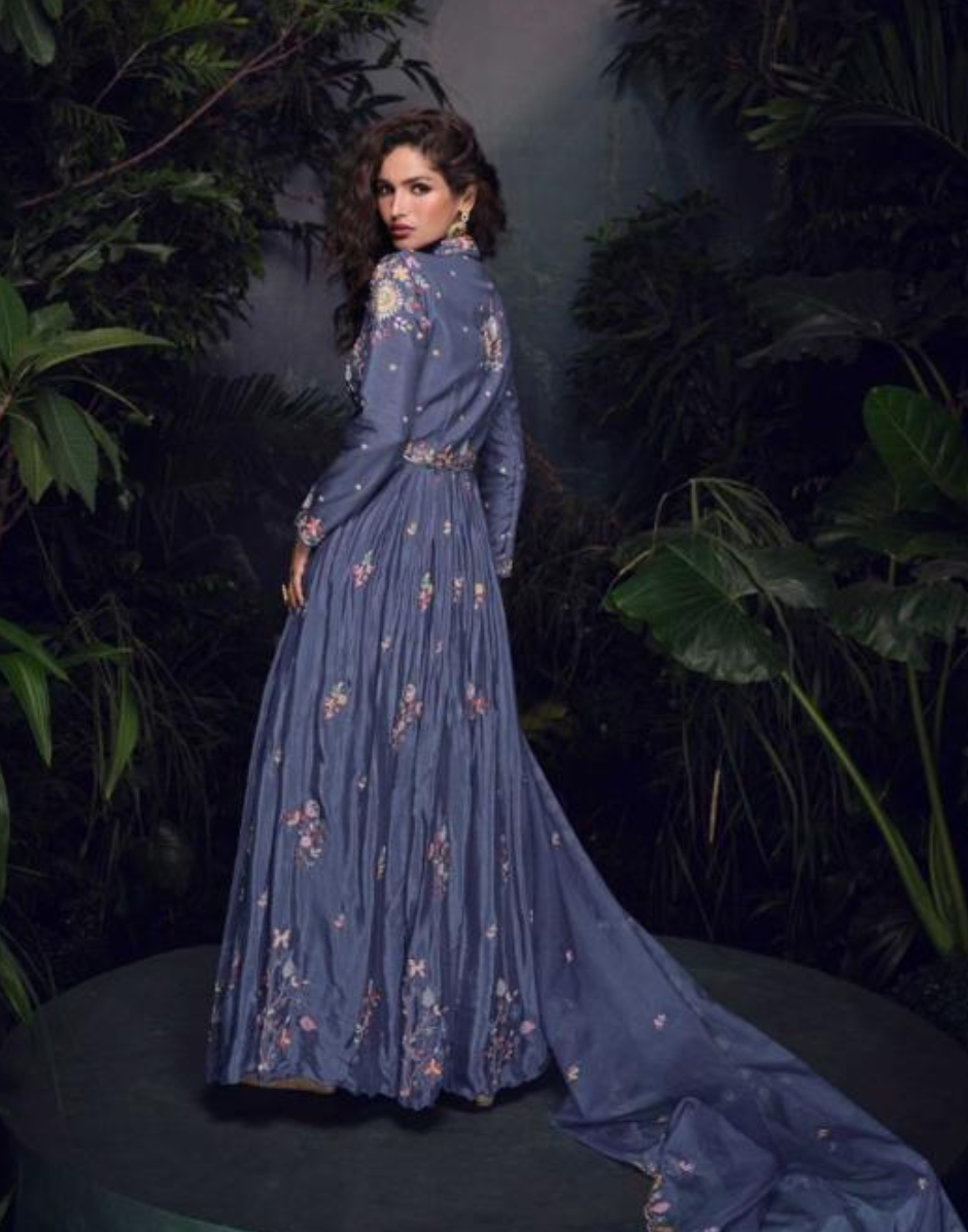 Designer Blue Gown in Chinon Silk with Hand Embroidery and Organza Dupatta Ethnic Elegance_2