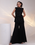 Designer Chartreuse Black Ensemble Featuring Statement Cutwork Top with 3D Floral Appliques & Palazzo Pants