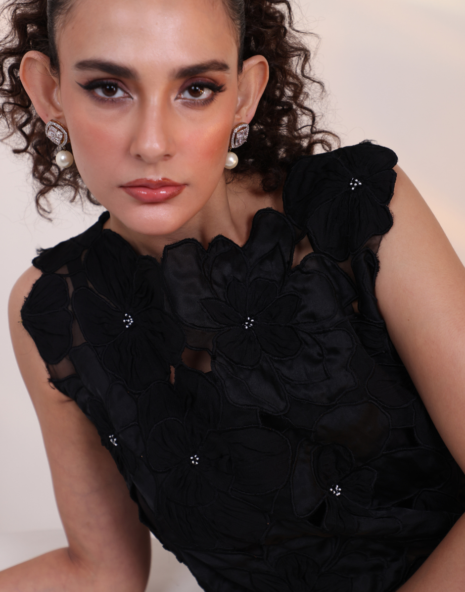 Designer Chartreuse Black Ensemble Featuring Statement Cutwork Top with 3D Floral Appliques & Palazzo Pants_2