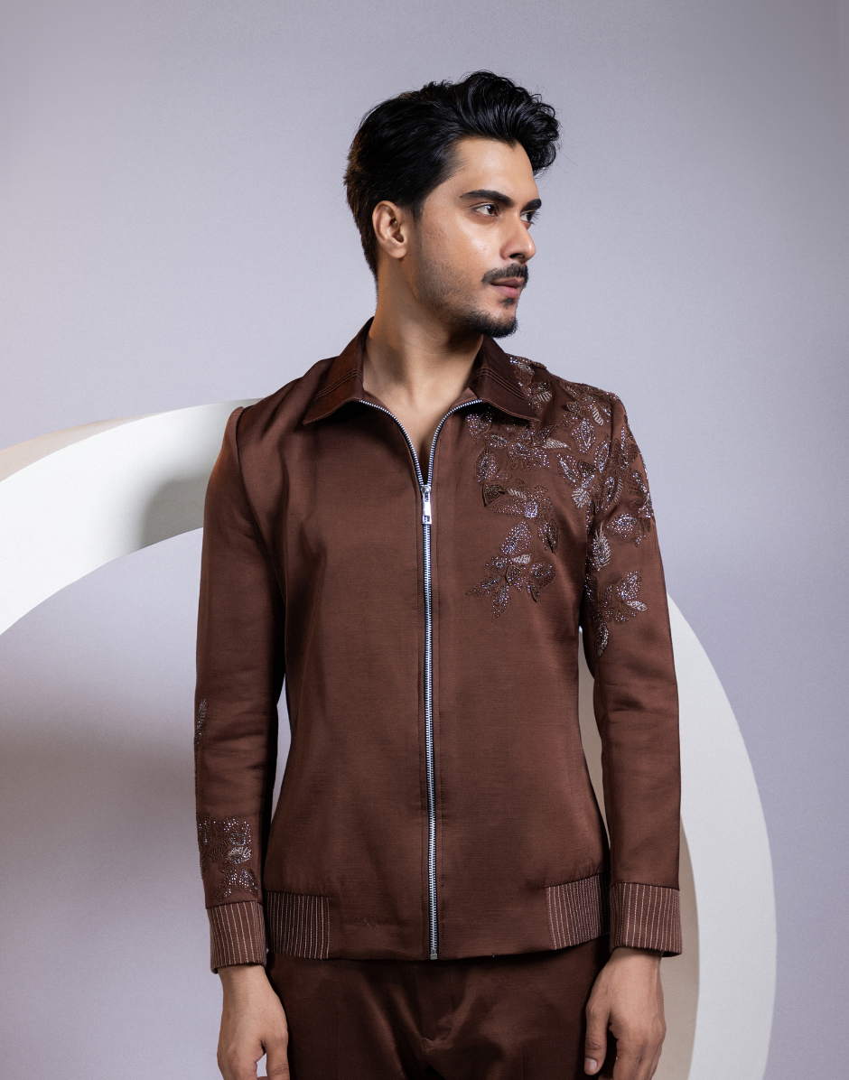 Designer Cocoa Satin Bomber Tone-on-Tone Floral Embroidery & Shoulder Beadwork