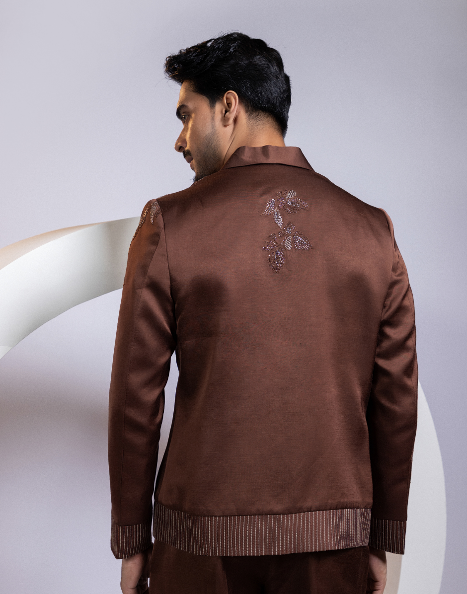 Designer Cocoa Satin Bomber Tone-on-Tone Floral Embroidery & Shoulder Beadwork