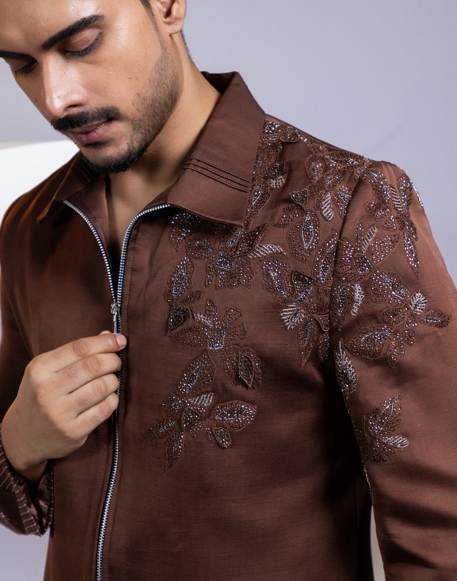 Designer Cocoa Satin Bomber Tone-on-Tone Floral Embroidery & Shoulder Beadwork_2